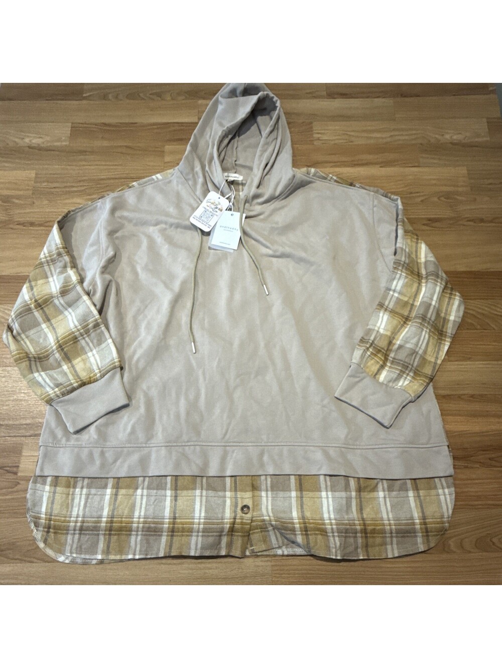 AndTheWhy Plaid Contrast Hoodie Sweatshirt Oatmeal Beige 3X Boho Shacket NWT